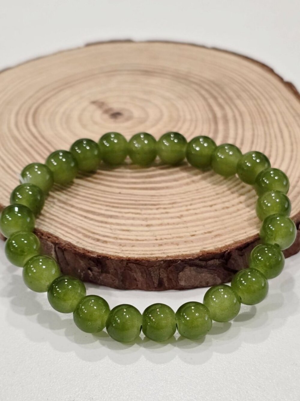 Artisan Natural Green Peridot Bracelet Polished Gemstone 8mm Bead Stretch Sz OS